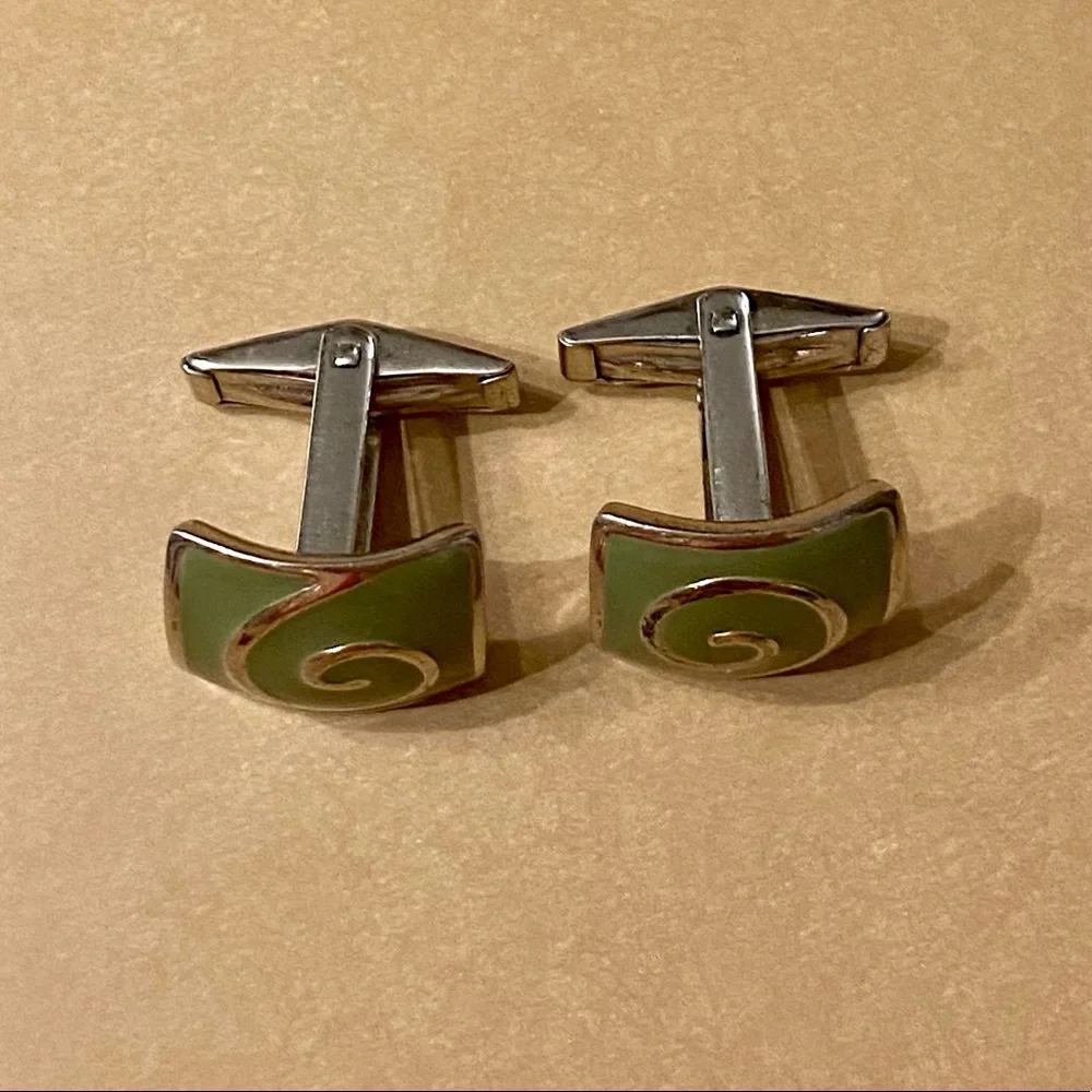 Sterling silver green enamel cuff links